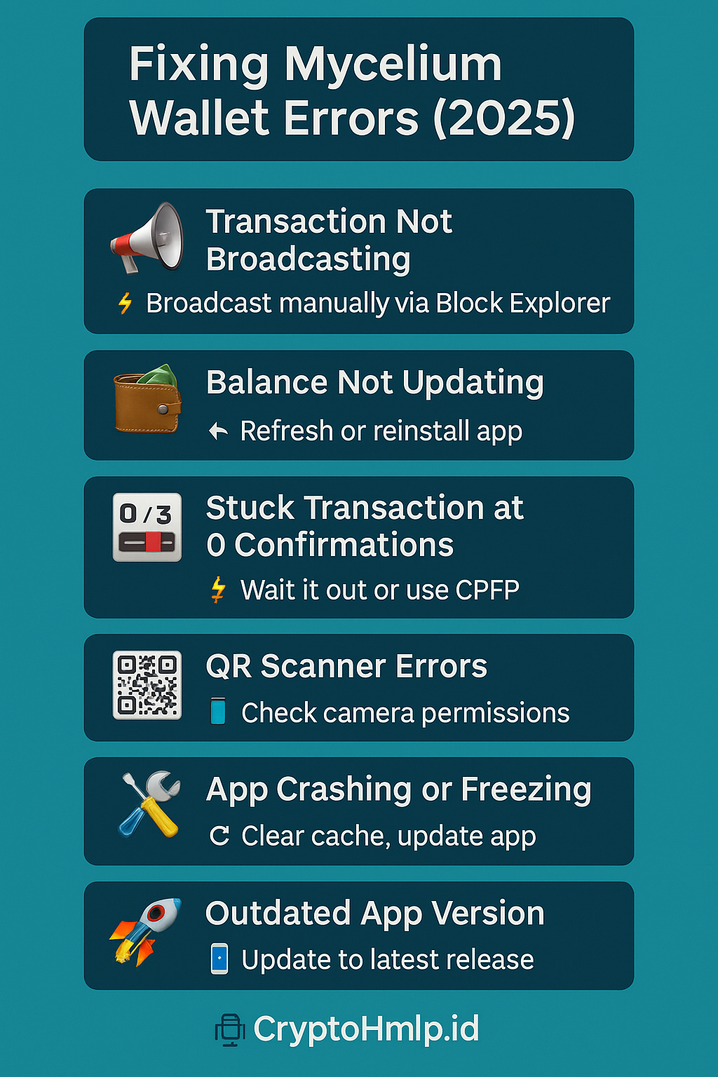 Mastering Mycelium: Troubleshooting Tips for a Seamless Experience 1 Infographic illustrating solutions to Mycelium Wallet transaction errors in 2025 including broadcasting issues, syncing problems, and QR code fixes.