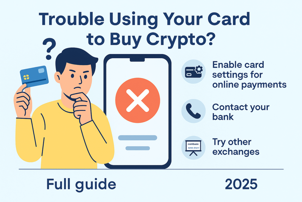 Step-by-step infographic showing how to fix card issues when buying crypto in 2025 using credit or debit cards