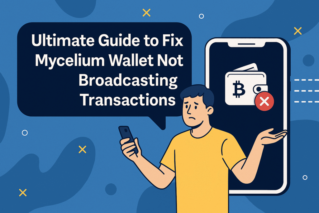 Illustration showing Mycelium wallet not broadcasting Bitcoin transactions with error warnings and troubleshooting icons