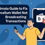 Illustration showing Mycelium wallet not broadcasting Bitcoin transactions with error warnings and troubleshooting icons