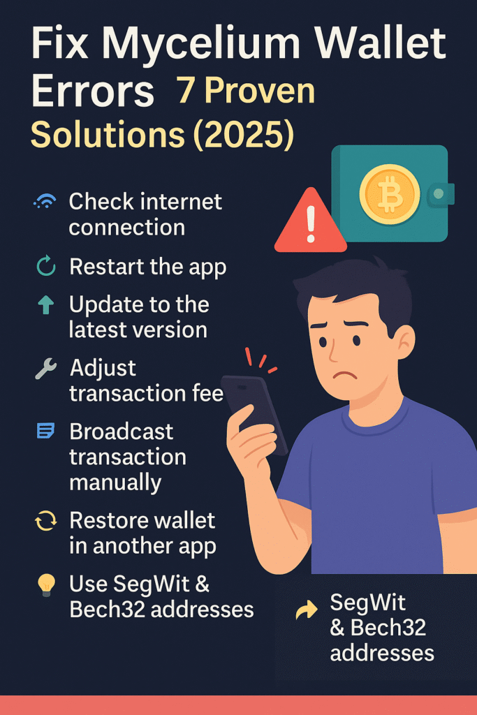 Digital infographic illustrating solutions for Mycelium wallet errors including transaction broadcasting issues, syncing problems, and QR code scanning fixes on Android