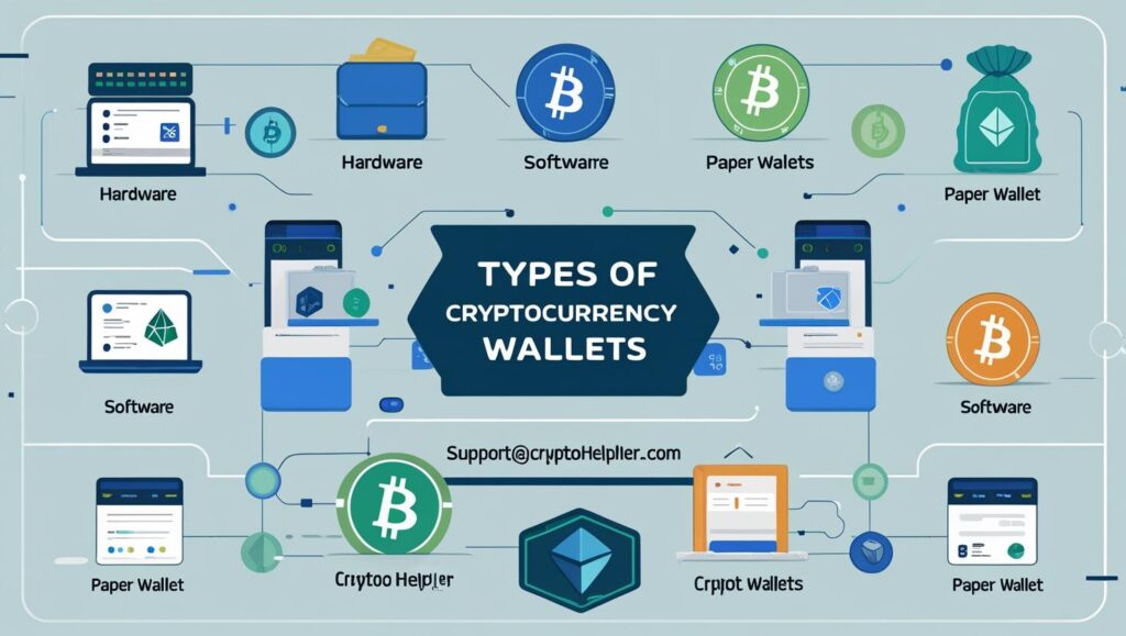 Types of crypto wallets including hot wallets, cold wallets, custodial wallets, and non-custodial wallets for secure crypto storage in 2025